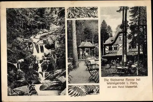 Ak Wernigerode am Harz, Hotel Wasserfall, Steinerne Renne, Naturdenkmal