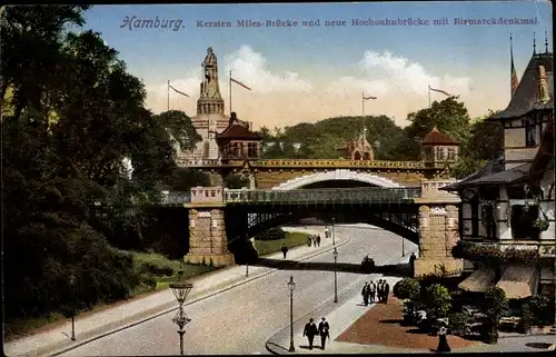 Ak Hamburg Mitte St. Pauli, Kersten Miles Brücke, neue Hochbahnbrücke, Bismarckdenkmal