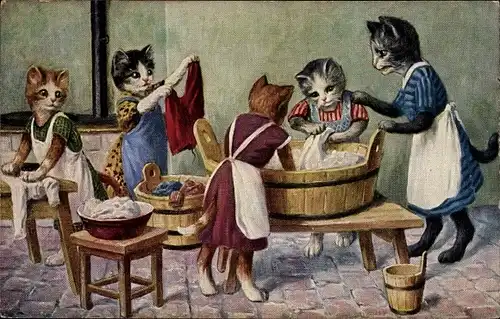 Künstler Ak Vermenschlichte Katzen waschen Wäsche