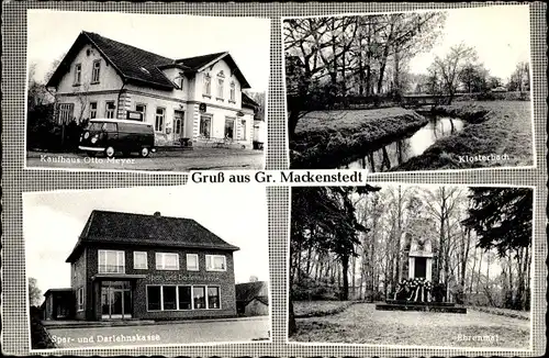 Ak Groß Mackenstedt Stuhr, Klosterbach, Sparkasse, Ehrenmal, Kaufhaus Otto Meyer