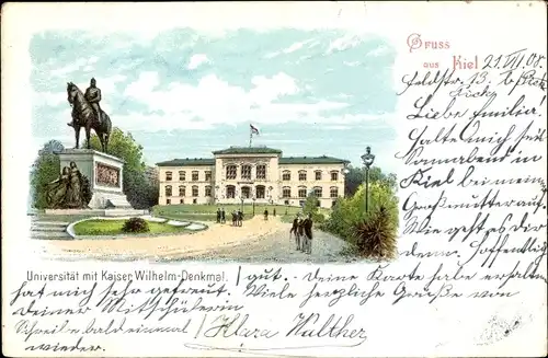 Litho Hansestadt Kiel, Universität, Kaiser Wilhelm Denkmal