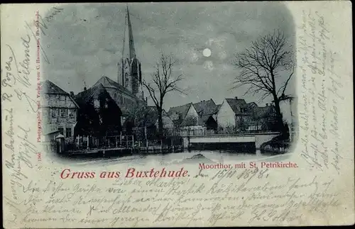Mondschein Ak Buxtehude in Niedersachsen, Moortor, St. Petrikirche