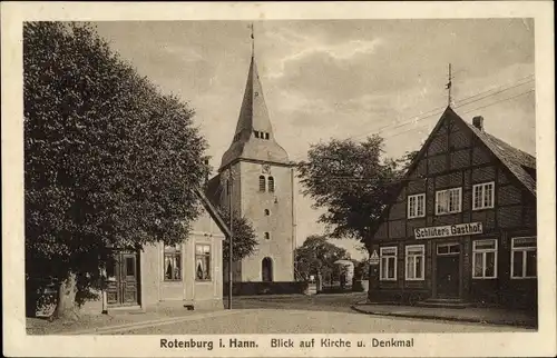 Ak Rotenburg an der Wümme, Blick auf Kirche und Denkmal, Schlüter's Gasthof