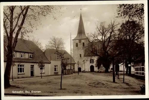 Ak Scheeßel in Niedersachsen, Häuser und Kirche am Markt