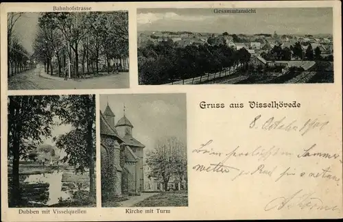 Ak Visselhövede in Niedersachsen, Bahnhofstraße, Gesamtansicht, Dubben  mit Visselquellen, Kirche