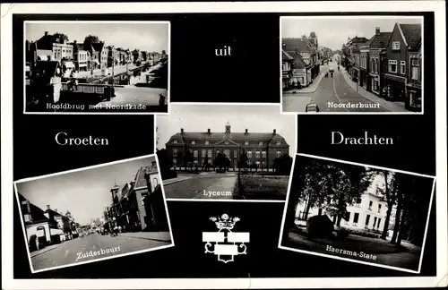 Ak Drachten Friesland Niederlande, Noorderbuurt, Lyceum, Zuiderbuurt, Hoofdbrug