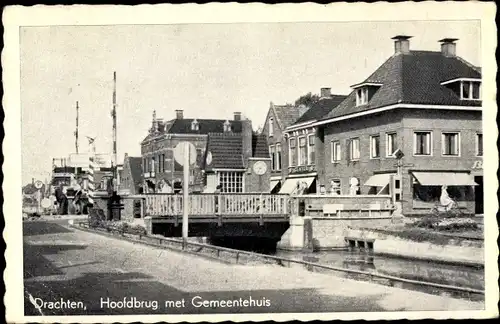 Ak Drachten Friesland Niederlande, Hoofdbrug met Gemeentehuis