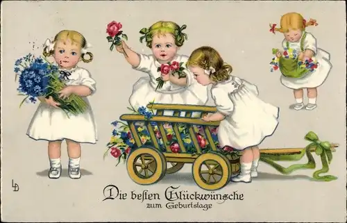 Künstler Ak Döring, Lia, Glückwunsch Geburtstag, Mädchen mit Blumen, Handwagen