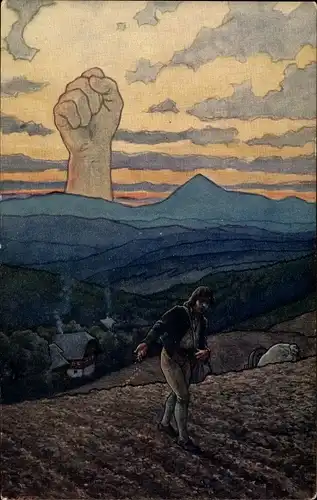 Künstler Ak Severni Hranice, Sämann auf einem Feld, in den Himmel gereckte Faust