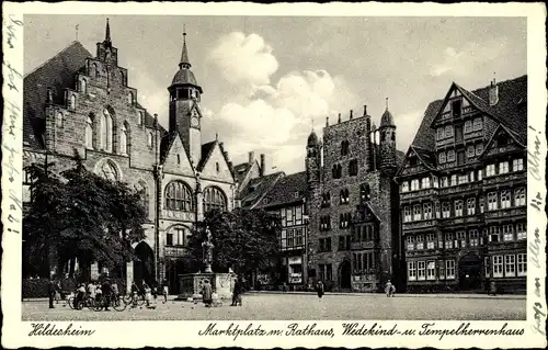 Ak Hildesheim in Niedersachsen, Marktplatz mit Rathaus, Wedekind- und Tempelherrenhaus