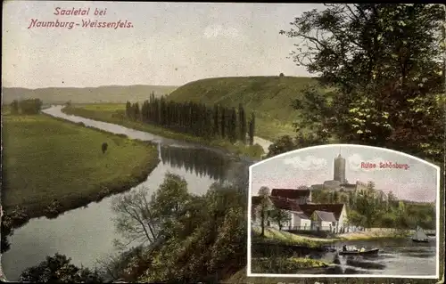 Ak Schönburg Saale, Ortschaft mit Blick auf Ruine der Schönburg, Saaletalpartie