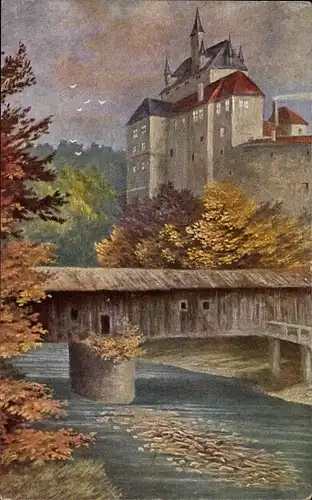 Künstler Ak Reukauff, Dr., Kriebstein in Mittelsachsen, Burg Kriebstein, überdachte Brücke