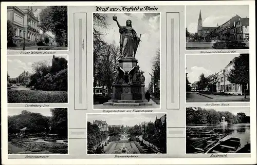 Ak Krefeld am Niederrhein, Kriegerdenkmal am Friedrichplatz, Stadtwald, Kaiser-Wilhelm-Museum