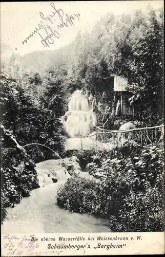 Ak Weißenbrunn in Oberfranken, Die oberen Wasserfälle, Schaumberger's Bergheim