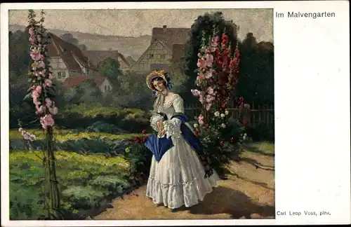 Künstler Ak Voss, Carl Leopold, Im Malvengarten, Frau mit Sonnenschirm