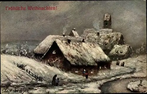 Künstler Ak Senger, L. v., Glückwunsch Weihnachten, Schneebedeckte Ortschaft