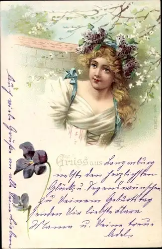 Litho Frau mit Blumenkranz, Veilchen