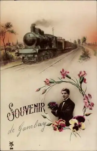 Ak Gambais Yvelines, Französische Eisenbahn, Mann mit Blumenstrauß, Souvenir