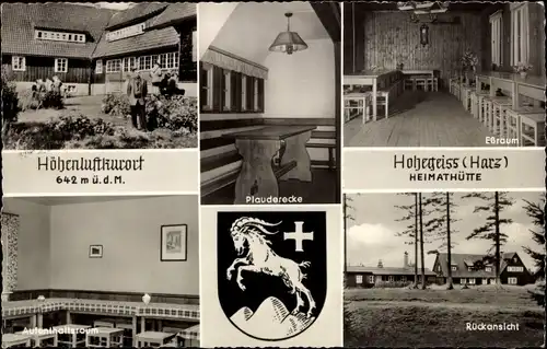 Wappen Ak Hohegeiß Braunlage im Oberharz, Heimathütte, Gasthof, Essraum, Plauderecke