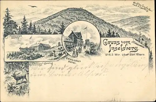 Litho Brotterode Trusetal in Thüringen, Inselsberg, Preußischer Gasthof, Gothaisches Hotel, Panorama