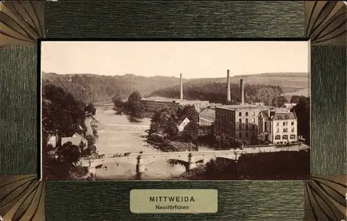 Passepartout Ak Neudörfchen Mittweida in Sachsen, Teilansicht mit Brücke