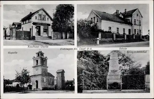 Ak Poborszów Poborschau Eichhagen Oberschlesien, Kaufhaus Chylla, Schule, Kapelle, Kriegerdenkmal
