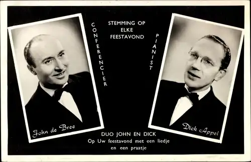 Ak Duo John en Dick, Conferencier John de Bree, Pianist Dick Appel, Stemming op Elke Feestavond