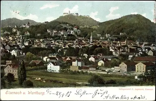 Ak Eisenach, Totale vom Ort mit Blick zur Wartburg