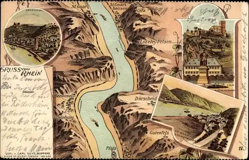 Landkarten Litho St. Goarshausen am Rhein, Oberwesel, Caub, Blücherdenkmal, Fliegeraufnahme