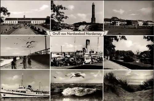 Ak Norderney in Ostfriesland, Hafenpartie, Dampfer, Kutschen, Möwe, Leuchtturm, Konversationshaus
