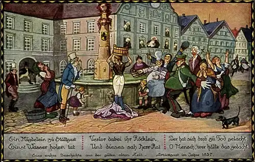 Künstler Ak Stuttgart, Frau verliert Rock am Marktbrunnen anno 1837
