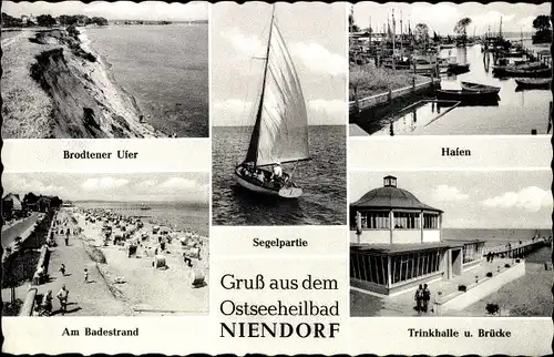 Ak Ostseebad Niendorf Timmendorfer Strand, Hafen, Trinkhalle, Brücke, Segelpartie, Badestrand, Ufer