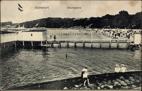 Ak Möltenort Heikendorf an der Kieler Förde, Strandpartie, Seebrücke
