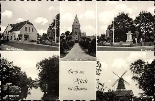 Ak Riede in Niedersachsen, Kirche, Kaufhaus Diers, Landesgraben, Ehrenmal, Mühle