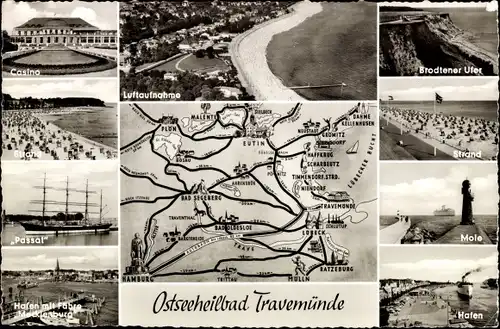 Landkarten Ak Ostseebad Travemünde Lübeck, Strand, Mole, Hafen, Casino, Luftaufnahme