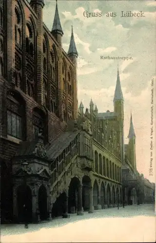 Ak Hansestadt Lübeck, Rathaustreppe