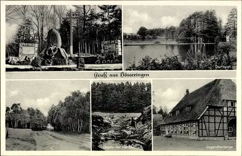 Ak Hösseringen Suderburg Niedersachsen, Ehrenmal, Dorfteich, Jugendherberge, Quelle d. Hardau