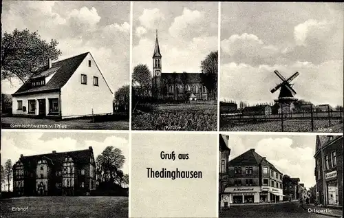 Ak Thedinghausen Niedersachsen, Kirche, Windmühle, Kirche, Geschäft  Thies, Erbhof