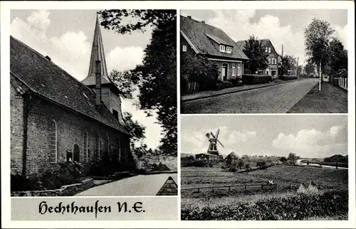 Ak Hechthausen in Niedersachsen, Kirche, Straßenpartie, Windmühle