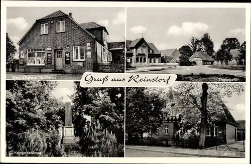 Ak Reinstorf im Landkreis Lüneburg, Geschäft Ph. Linster, Dorfstraße, Kriegerdenkmal, Schule