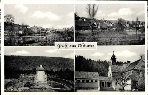 Ak Ostlutter Lutter am Barenberge in Niedersachsen, Teilansichten, Ehrenmal, Schule