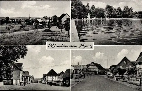 Ak Rhüden Seesen am Harz, Schwimmbad, Esso Tankstelle, Dorfpartie