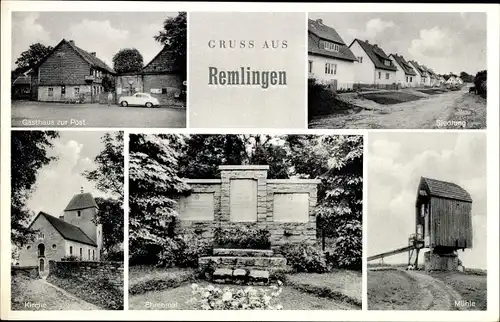 Ak Remlingen Semmenstedt in Niedersachsen, Gasthof zur Post, Siedlung, Ehrenmal, Kirche, Mühle