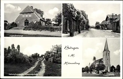Ak Börger in Niedersachsen, Jugendherberge, Waldstraße, Naturschutzgebiet, Kirche
