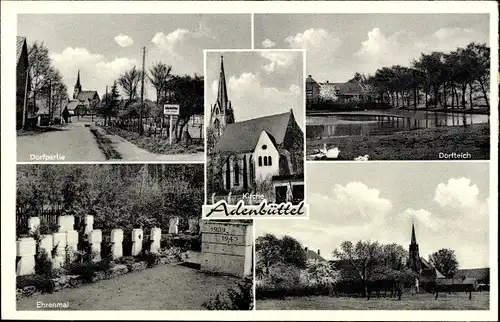 Ak Adenbüttel in Niedersachsen, Kirche, Dorfpartie, Teich, Ehrenmal