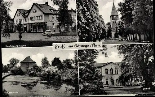 Ak Schnega im Wendland, Kaufhaus C. Köthke, Schloss, Ortspartie