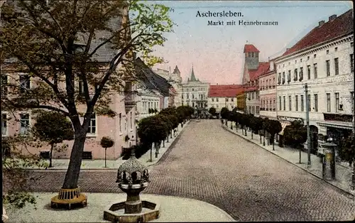 Ak Aschersleben im Salzlandkreis, Markt mit Hennebrunnen