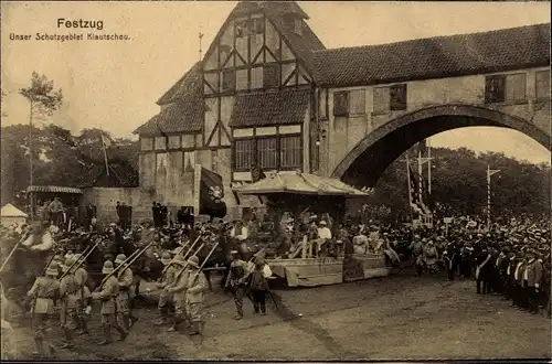 Ak Hamburg, Festzug, 16. Dt. Bundesschießen 1909, Unser Schutzgebiet Klautschou, Stadttor