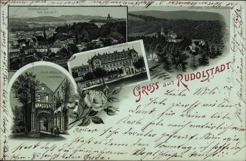 Mondschein Litho Rudolstadt in Thüringen, Rudolsbad, Panorama, Paulinzella Inneres