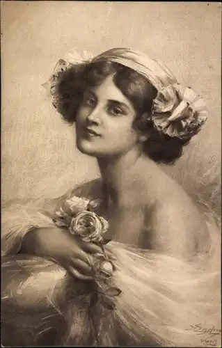 Künstler Ak Portrait einer Frau mit Rosen